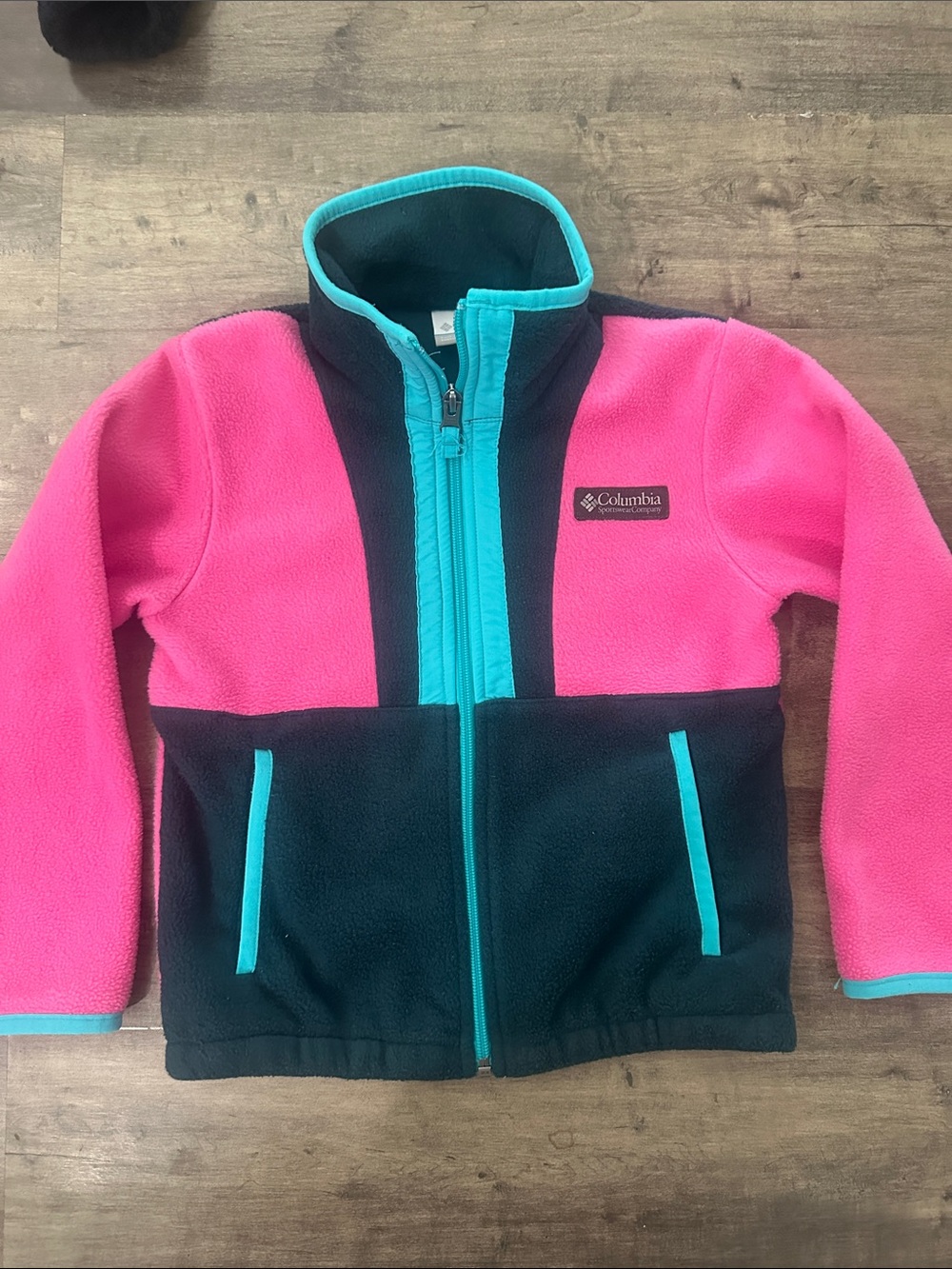 Size XS 6/7 Columbia Pink and Black Girls' Fleece Jacket with Teal Trim